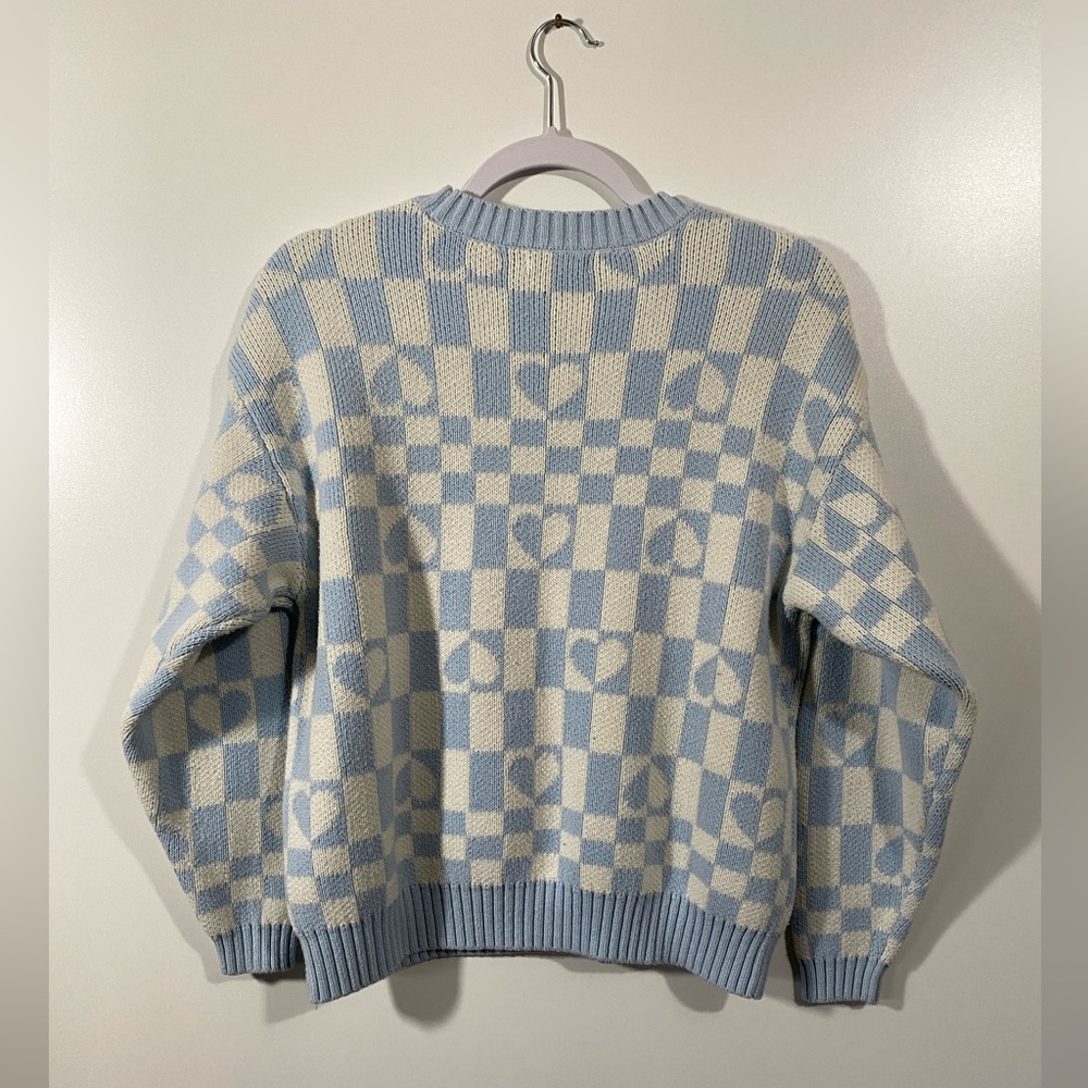 LA Hearts Checker Sweater with Hearts Knit Oversized pastel blue and white XS - Picture 2 of 8